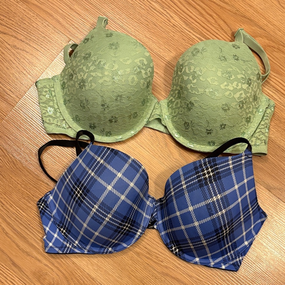 PINK Victoria's Secret Green Lace and Blue Plaid Bras